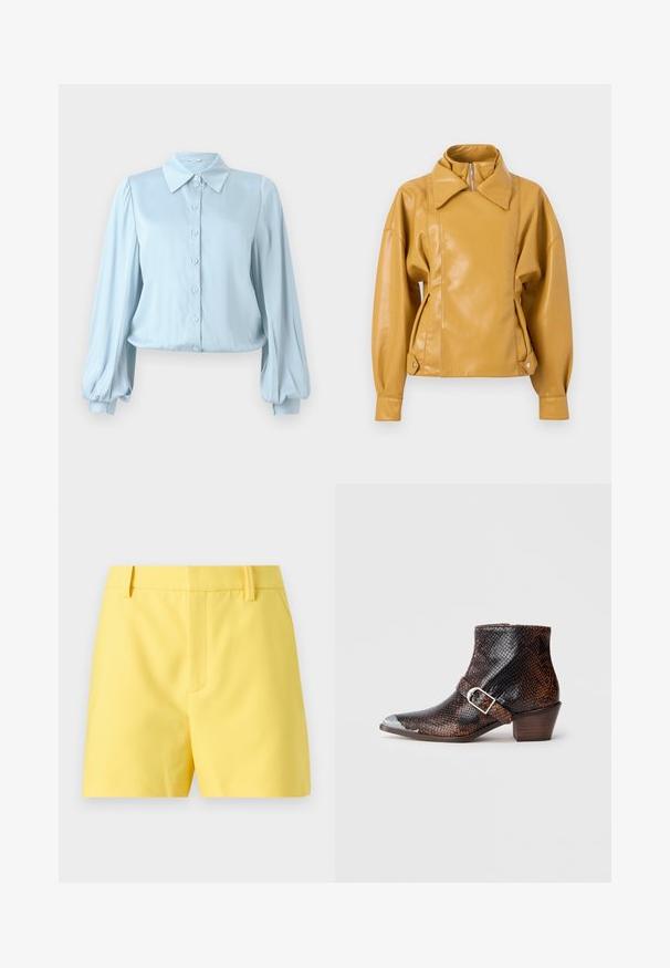 Senfgelbe Kunstlederjacke mit hohem Kragen, Reißverschluss vorne, langen Ballonärmeln und verstellbaren Druckknopflaschen an den Saumseiten.; Hofmann Copenhagen FLORA - Hemdbluse - lavender blue; Gelbe Shorts mit hoher Taille, Gürtelschlaufen, Fronttaschen und einer glatten Stoffstruktur auf einfarbigem Hintergrund.; Schwarz-braune Schlangenleder-Print Knöchelstiefel mit silberner Zehenspitze, Schnallenakzent und niedrigem Holzabsatz. Glatte Textur, enganliegendes Design.