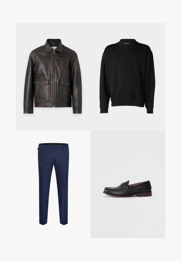 Jack & Jones PREMIUM Leather Leather - Nahkjakk - brown stone; Mustaline sviiter kõrge soonikkoes kraega, pikad varrukad ja vabalt langev lõige. Pehme tekstuur koos soonikkoes mansettide ja alläärega.; Tumepruunist hästi sobitatud pükstest, mis on valmistatud siledast kangast, omades kitsast lõiget ja lamedat esiosa, ilma nähtavate taskute või kaunistusteta.; Mustad mustad nahk kingad ümarate varvastega, dekoratiivsete detailidega esiosas ja kontrastse pruunist tallaga. Sile tekstuur ja lihtne jalga libistatav disain.
