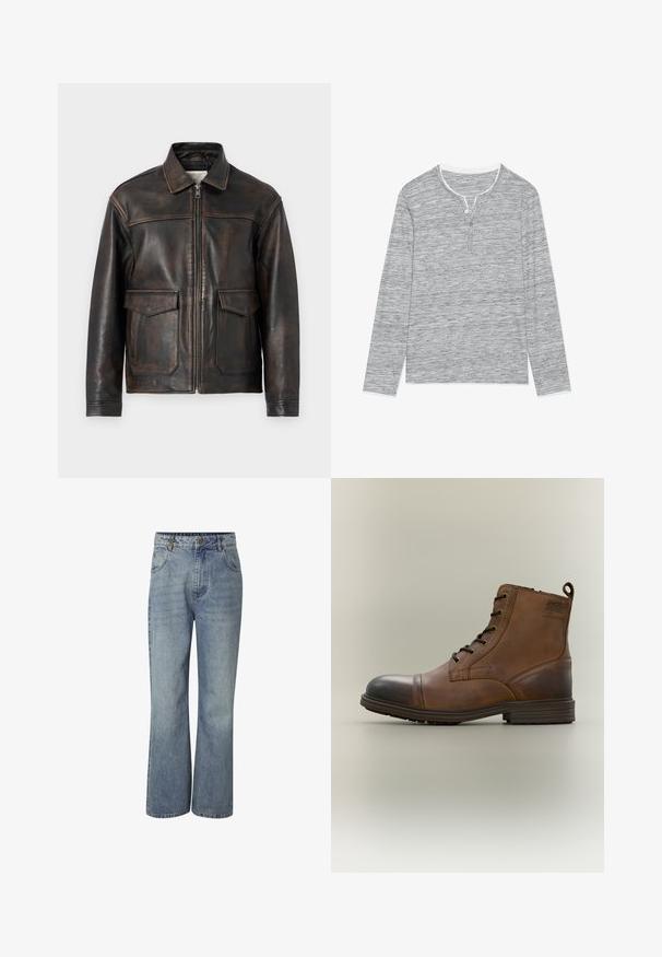 Jack & Jones PREMIUM Leather Leather - Læderjakker - brown stone; Grå langærmet henley skjorte med et tekstureret mønster, tre-knaps placket og en kontrastfarvet hvid halsudskæring. Blødt stoffinish.; Højtaljede blå denimjeans med vide ben, knaplukning foran, bæltestropper og lommer foran og bagpå.; Brun læderstøvle med snørebånd, sort tåhætte, rund sål og mærket detalje på siden mod ensfarvet baggrund.