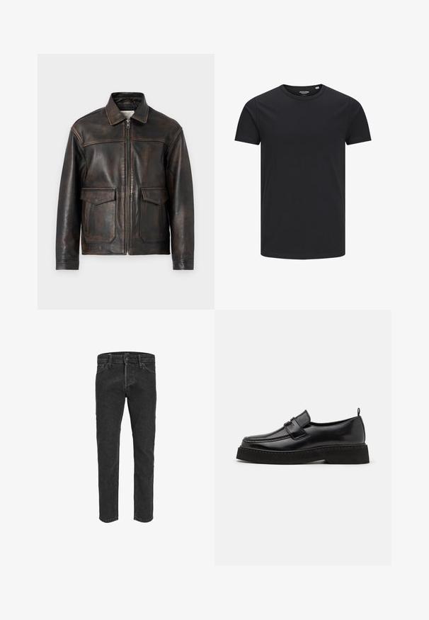 Jack & Jones PREMIUM Leather Leather - Læderjakker - brown stone; Sort bomulds T-shirt med rund hals, korte ærmer og et enkelt design. Glat tekstur, ingen mønstre eller synligt tilbehør.; Sorte denimbukser med lige ben, fem lommer og bæltestropper, der har en let falmet tekstur og kontraststing. ; Sorte læder loafersko i stil med flad, tekstureret sål, med en syet tå og en rem over vristen.