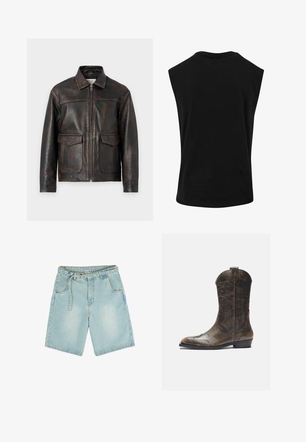 Jack & Jones PREMIUM Leather Leather - Nahkjakk - brown stone; Mustast, varrukateta särk, mis on valmistatud siledast, kergest materjalist, ümmarguse kaelusega ja lõdva istuvusega. Musterid ega kaunistused pole nähtavad.; Heled sinised denim lühikesed püksid sirge lõikega, viie tasku, vööklambritega ja pleekinud viimistlusega. Valmistatud vastupidavast puuvillakangast.; Pruun nahast cowboy saapad, millel on pikk vars, terav varvas, keerukad õmblusmustrid ja väike konts. Ühtlane tekstuur kogu ulatuses.