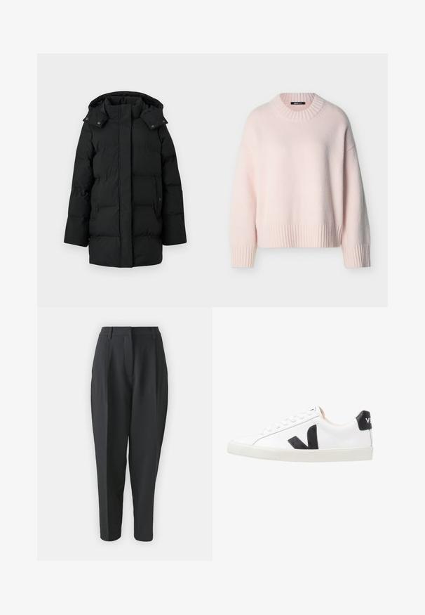 Abrigo de invierno largo y negro acolchado con capucha, cremallera frontal oculta por una solapa abotonada y dos bolsillos laterales con botones a presión.; Suéter de punto suave y rosa claro con mangas largas, cuello redondo acanalado, puños y dobladillo, exhibido sobre un fondo liso.; Pantalones negros ajustados con cintura alta, pinzas y pierna entallada. Tejido liso sin patrones ni adornos visibles.; Zapatilla blanca con un logo en V negro, con una parte superior de cuero liso, puntera redonda, cierre de cordones y una lengüeta en el talón de color negro en contraste.