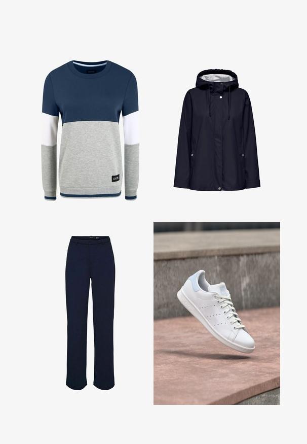 Marineblauwe waterdichte jas met capuchon, voorzijde met drukknoopsluiting, trekkoord in de capuchon en twee zijzakken met drukknoop, ontworpen voor natte weersomstandigheden.; Oxmo OMAYA - Sweater - insignia blue; Vero Moda VMZAMIRA STRAIGHT - Broek - navy blazer; Witte leren sneaker met lichtblauwe hielkap, geperforeerde zijstrepen en veters, zwevend boven stenen traptreden buiten.