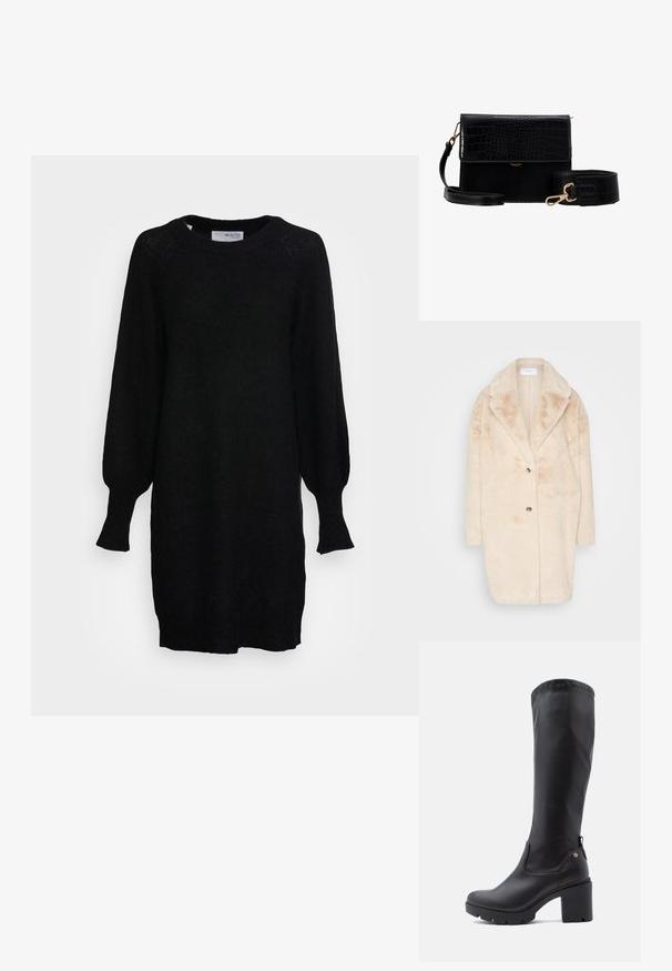 VILA VIFEBA COAT - Vinterfrakke - birch; Selected SLFLULU DRESS O NECK - Strikkjoler - black; Sorte knæhøje støvler lavet af glat læder med firkantet tå, kraftig blokhælt og tekstureret gummisål. Har et diskret logodetalje.; Sort faux læder crossbody taske med krokodillestruktur, guldhardware og en aftagelig rem. Har klaplukning og indvendigt rum.