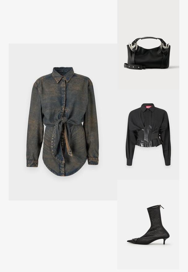 Sort cropped jakke med lynlåslukning, strukturerede skuldre og en blank vinyl talje med plisséringer.; Denimskjorte i mørkeblå med en let falmet finish. Har en spids krave, knaplukning og en knyttet detalje i taljen.; Sorte mesh ankelstøvler med spidse tæer, lynlås og en lille hæl. Har en dekorativ spændeaccent nær tåområdet.; Sort håndtaske med sølvspænder, kort hanke og aftagelig skulderrem placeret på en hvid overflade.