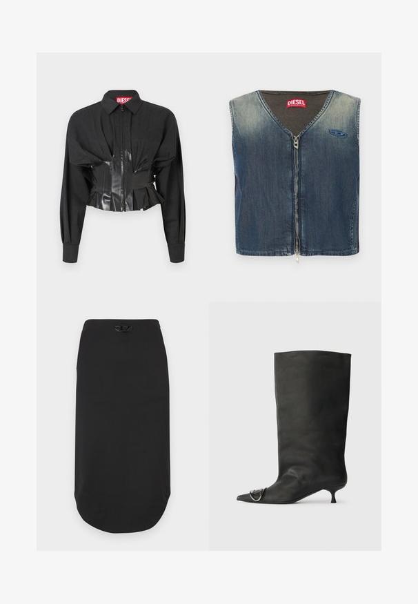 Veste noire courte avec fermeture éclair, épaules structurées et ceinture en vinyle brillant avec des détails plissés.; Veste en denim avec un col en V et une fermeture éclair à l'avant, avec une texture côtelée au niveau du col, et un patch logo sur le côté gauche.; Jupe crayon noire en tissu lisse. Elle présente un ourlet arrondi et un logo noir proéminent à la taille. Design simple, sans motifs.; Bottines en cuir noir à bout pointu, petite talon et détail métallique sur le bout. Texture lisse et mate partout.