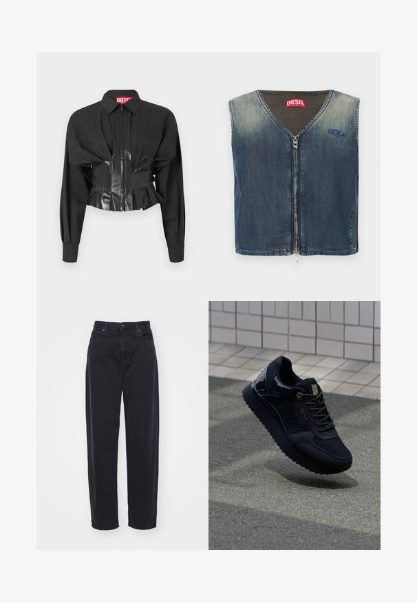 Veste noire courte avec fermeture éclair, épaules structurées et ceinture en vinyle brillant avec des détails plissés.; Veste en denim avec un col en V et une fermeture éclair à l'avant, avec une texture côtelée au niveau du col, et un patch logo sur le côté gauche.; Jeans noirs taille haute en denim. Design à jambes droites avec fermeture à bouton et à zip. Présente des poches frontales et une coupe classique.; Baskets noires avec une tige en mesh, des accents brillants, des éléments en or, une semelle texturée et un col rembourré pour le confort.