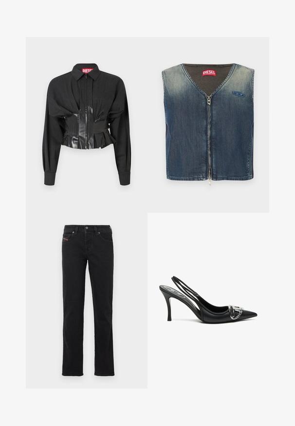 Veste noire courte avec fermeture éclair, épaules structurées et ceinture en vinyle brillant avec des détails plissés.; Veste en denim avec un col en V et une fermeture éclair à l'avant, avec une texture côtelée au niveau du col, et un patch logo sur le côté gauche.; Jean en denim noir avec une coupe droite, doté d'une fermeture à boutons sur le devant, de cinq poches et de détails de couture subtils.; Talons hauts slingback noirs avec un embout pointu, présentant un détail de boucle en argent brillant et un talon fin. Texture en cuir lisse, design minimaliste.