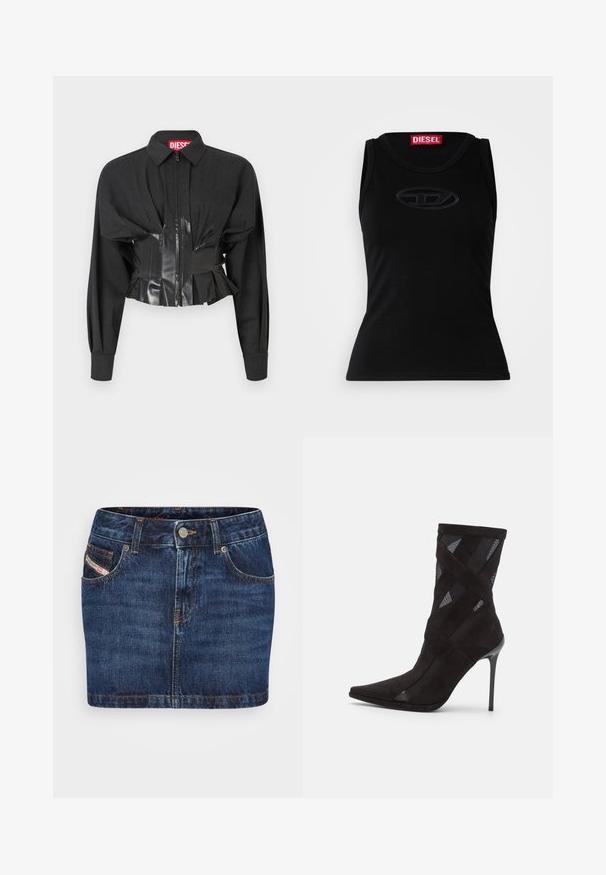 Veste noire courte avec fermeture éclair, épaules structurées et ceinture en vinyle brillant avec des détails plissés.; Débardeur sans manches noir en coton doux, avec un logo en relief subtil au centre et une étiquette de marque rouge dans le col.; Jupe en denim bleu foncé avec une coupe ajustée, cinq poches et des coutures orange. Inclut un système de fermeture à bouton métallique à la taille.; Jeffrey Campbell STRIPES - Bottines - black