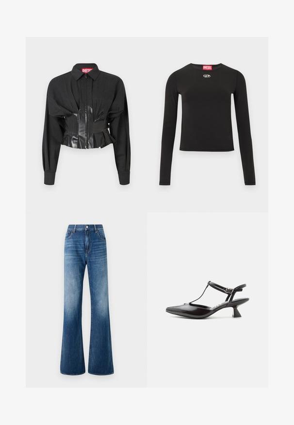 Zwarte cropped jas met een ritssluiting, gestructureerde schouders en een glanzende vinyl tailleband met geplooide details.; Zwart shirt met lange mouwen van gladde stof, met een ronde halslijn, cropped ontwerp en een klein zilveren logo op de borst.; Uitlopende blauwe denim jeans met een vervaagde wassing, vijf zakken, ceintuurlussen en een sluiting met een knoop aan de voorkant. Soepele textuur en klassieke snit.; Zwarte lakleren schoen met lage hak, puntige neus, T-bandje en verstelbare gesp op witte achtergrond.
