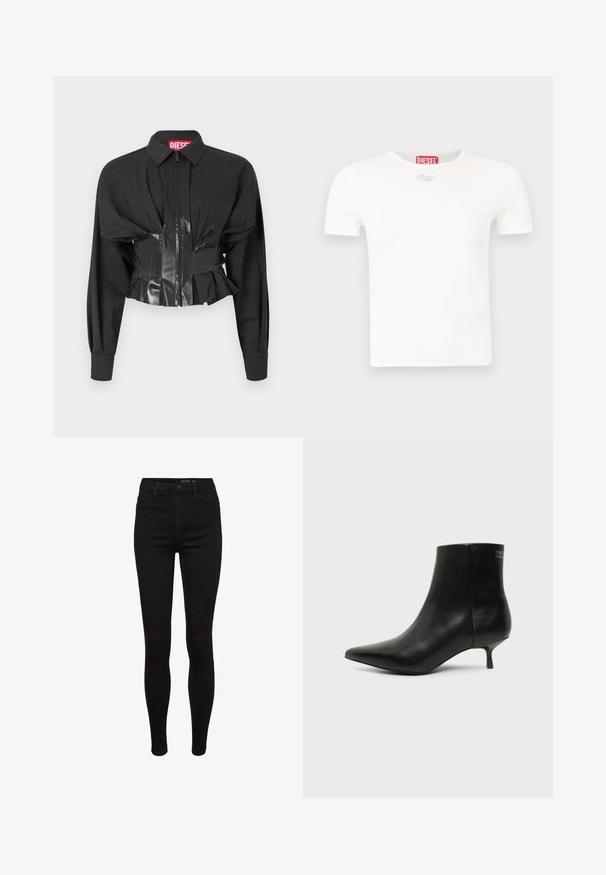 Zwarte cropped jas met een ritssluiting, gestructureerde schouders en een glanzende vinyl tailleband met geplooide details.; Wit katoenen T-shirt met korte mouwen, een ronde hals en een klein zilveren logo met "DIESEL" in het rood op de halslijn.; Zwarte denim skinny jeans met een hoge taille, vijf-pocket ontwerp, riemlussen en subtiele stikdetails. Glad textuur, figuurvormende pasvorm.; Zwart leren enkellaars met puntige neus en lage kittenhak op lichte achtergrond, zijaanzicht buitenkant.