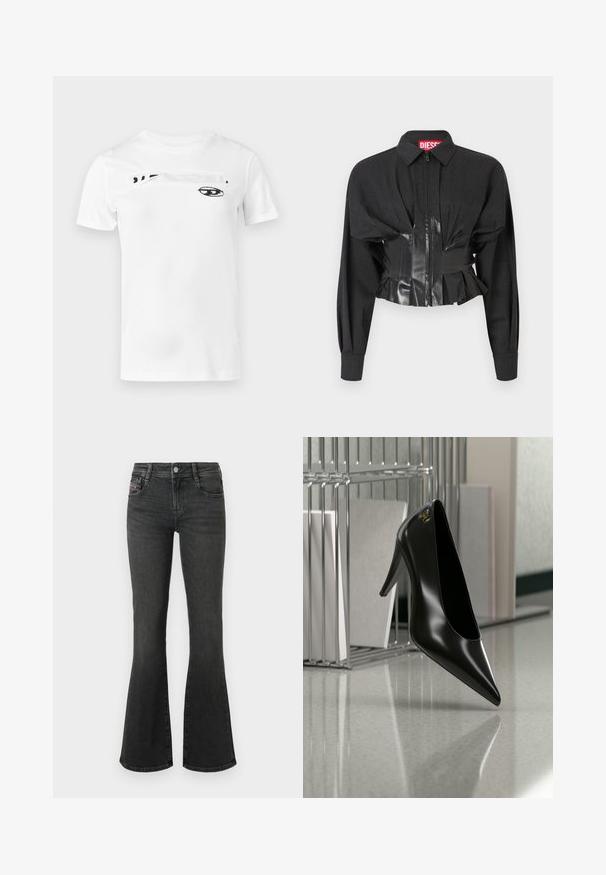 Veste noire courte avec fermeture éclair, épaules structurées et ceinture en vinyle brillant avec des détails plissés.; T-shirt en coton blanc avec un motif imprimé noir sur la poitrine, comprenant un dessin d'œil abstrait et un élément de texte en caractères gras. Manches courtes.; Jean en denim noir à coupe évasée, avec une taille mi-haute, un design à cinq poches et des détails de couture sur les poches. Texture lisse avec un léger éclat.; Chaussure noire à talon haut avec bout pointu et logo doré, posée sur une surface réfléchissante près d'un organiseur de dossiers en fil chromé contenant des documents.