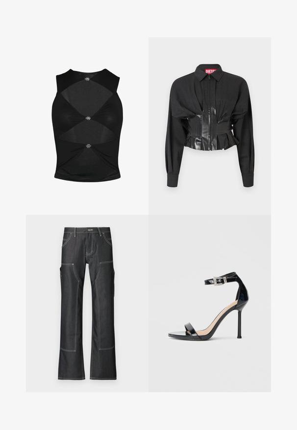 Veste noire courte avec fermeture éclair, épaules structurées et ceinture en vinyle brillant avec des détails plissés.; Top sans manches noir avec un design ajusté. Présente des sections découpées et des éléments métalliques décoratifs au centre et sur les côtés. Texture douce.; Pantalons cargo en denim sombre avec des coutures contrastées blanches, comportant plusieurs poches et un design à jambes évasées. Tissu durable et fermeture à bouton en métal.; Sandale à talon haut en cuir verni noir avec bride à la cheville. Présente un design minimaliste, un bout ouvert et une boucle ornée de strass.