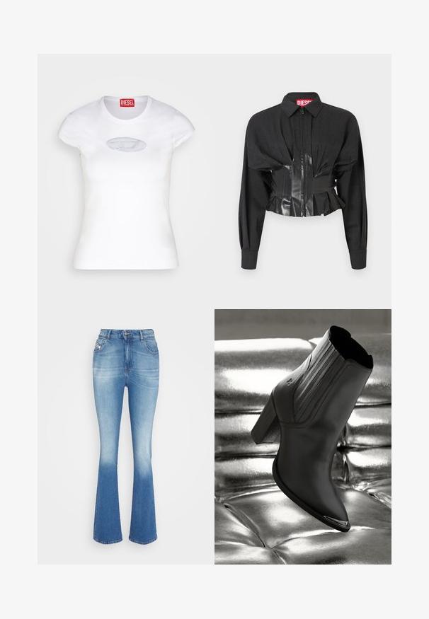 Sort cropped jakke med lynlåslukning, strukturerede skuldre og en blank vinyl talje med plisséringer.; Hvid tætsiddende T-shirt lavet af bomuld, med rund halsudskæring og korte ærmer, prydet med et lyseblåt broderet logo på forsiden.; Lystblå denim flared jeans med høj talje, subtilt slid på lårene, to frontlommer og knaplukning i taljen.; Sorte læder ankelstøvle med høj hæl, prydet med lodret syning og en skinnende sølvdetalje på tåen, sat på en metallisk baggrund.