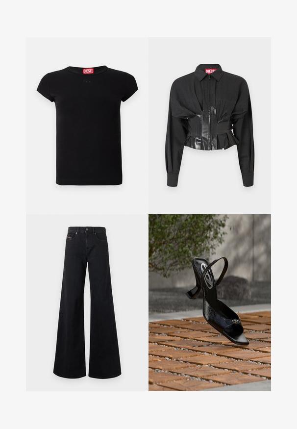 Μαύρο cropped μπουφάν με φερμουάρ, δομημένους ώμους και γυαλιστερή βινυλίου ζώνη με πιέτες.; Μαύρο κοντομάνικο εφαρμοστό μπλουζάκι με στρογγυλή λαιμόκοψη και κόκκινη ετικέτα Diesel μέσα στον γιακά.; Μαύρο τζιν με φαρδιά παντελόνα κατασκευασμένο από denim, με ψηλή μέση, κούμπωμα με κουμπί, τσέπες μπροστά και ελάχιστες ραφές.; Μαύρο γυναικείο παπούτσι με ψηλό τακούνι και λουρί στο πίσω μέρος, με υφή και μικρό έμβλημα στη μύτη, αιωρούμενο πάνω από ξύλινο πλακίδιο σε εξωτερικό χώρο.