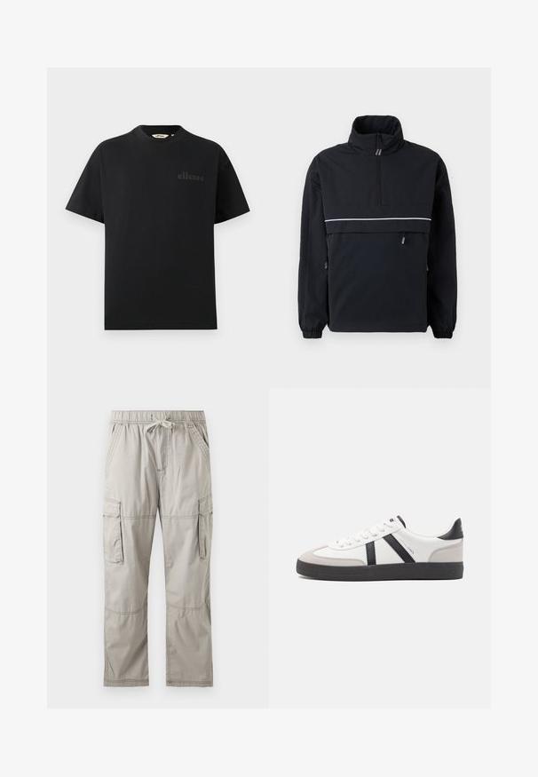 Chaqueta de pullover negra con un alto cuello, cierre de media cremallera en la parte delantera, franja reflectante blanca en el pecho, puños elásticos y detalles de cordón en los laterales.; Camiseta negra de algodón con cuello redondo estándar y mangas cortas. Presenta un logo sutil en relieve en el pecho.; Pantalones cargo gris claro con cintura elástica, cordón, bolsillos laterales y bolsillos con solapa en los muslos, colocados planos sobre fondo blanco.; Zapatilla blanca con acentos en negro y gris, que presenta una puntera texturizada en gris, suela de goma negra y cordones planos blancos. Diseño limpio, estilo minimalista.