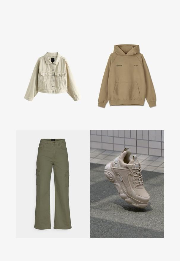 Beige cropped jakke med lange ærmer, knaplukning foran, to brystlommer med klapper og sidelommer, vist på en hvid baggrund.; Beige hættebluse i fleece materiale, med en frontlomme, ribbede mansjetter og broderede logoer på brystet.; Cargo-bukser i olivengrøn bomuldsblanding, med brede ben, flere sidelommer og lynlås foran med knaplukning.; Beige atletisk sko med overdel i mesh og syntetisk materiale, polstret krave og kraftig sål med strukturerede detaljer. Branding synlig på siden.