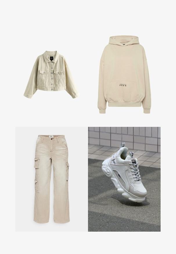 Chaqueta beige corta con mangas largas, cierre de botones en la parte delantera, dos bolsillos en el pecho con solapas y bolsillos laterales, mostrada sobre un fondo blanco.; Sudadera con capucha beige con bolsillo frontal, puños acanalados y capucha con cordón. Texto "PECADOR PGDR" impreso en el área del bolsillo.; BDG Urban Outfitters PANTS - Pantalones cargo - stone; Zapatilla blanca con materiales de malla y cuero, puntera redondeada, suela gruesa, cintas prominentes y logo en el talón y la lengüeta.