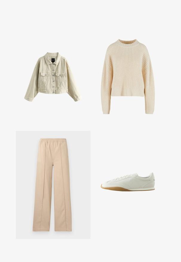 Chaqueta beige corta con mangas largas, cierre de botones en la parte delantera, dos bolsillos en el pecho con solapas y bolsillos laterales, mostrada sobre un fondo blanco.; Suéter de punto crema con un alto cuello acanalado, mangas anchas y un patrón texturizado en toda su superficie. Diseño corto con dobladillo acanalado.; Pantalones anchos beige con cinturilla elástica, que presentan dos líneas de pliegue verticales, tela suave y un diseño sencillo.; Zapatilla deportiva blanca de corte bajo con suela de goma marrón, detalles de costuras, cierre de cordones y logo bordado en el lateral.