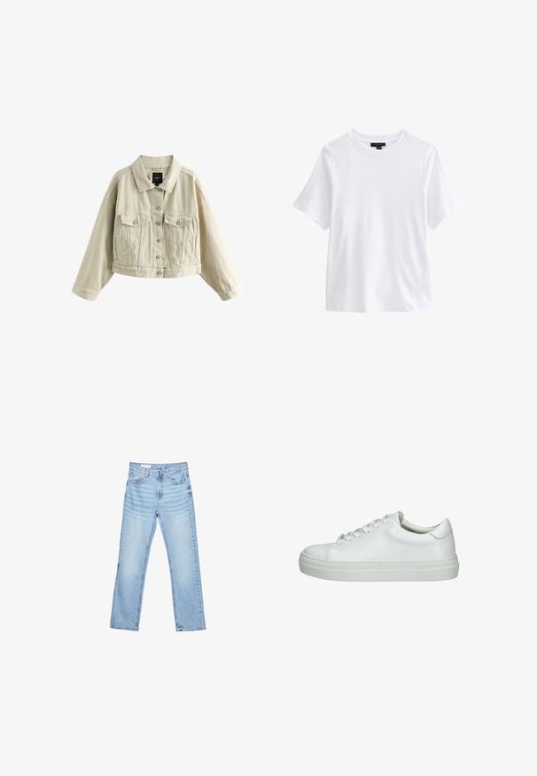 Beige gekürzte Jacke mit langen Ärmeln, Knopfleiste vorne, zwei Brusttaschen mit Klappen und Seitentaschen, auf weißem Hintergrund dargestellt.; Schlichtes weißes T-Shirt mit kurzen Ärmeln und Rundhalsausschnitt mit einem schwarzen Kleidungsetikett innen im Kragen auf weißem Hintergrund.; Hellblaue Jeans aus Denim mit geradem Schnitt, Fünf-Taschen-Design und sichtbaren Nähten. Mittelhoher Taillenbund mit klassischem Knopf- und Reißverschluss.; Weiße Ledersneaker mit glatter Oberfläche, abgerundetem Zeh, flacher Gummisohle und sechs Ösen für Schnürsenkel. Minimalistisches Design ohne zusätzliche Akzente.