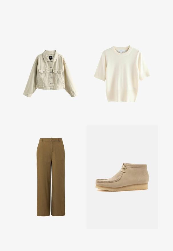 Chaqueta beige corta con mangas largas, cierre de botones en la parte delantera, dos bolsillos en el pecho con solapas y bolsillos laterales, mostrada sobre un fondo blanco.; Jersey de manga corta color crema hecho de tela suave. Presenta un cuello y dobladillo acanalados, con textura lisa y corte holgado.; Pantalones de pierna ancha marrones, fabricados con una mezcla de algodón texturizado, que cuentan con un cierre frontal de botón y un diseño de cintura estándar.; Botín beige de ante con suela de crepé y costuras estilo mocasín, con dos ojales y tacón plano.