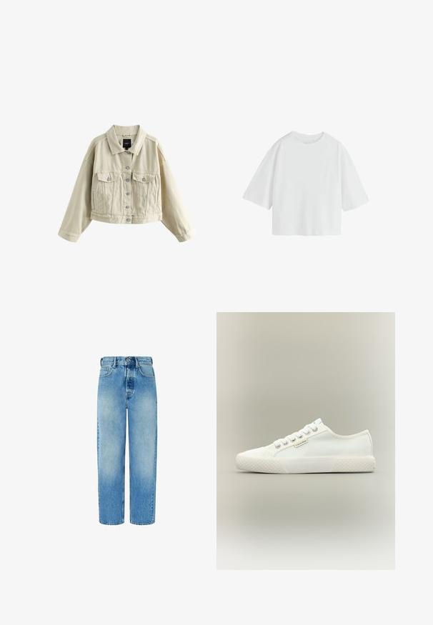 Beige cropped jakke med lange ærmer, knaplukning foran, to brystlommer med klapper og sidelommer, vist på en hvid baggrund.; Simpel hvid oversized T-shirt med korte ærmer, rund hals og løs pasform.; Lys blå denim jeans med lige ben, høj talje, forlommer og knaplukning. Har diskret falmning og ingen udsmykninger.; Hvid lavtopet lærreds-sneaker med tekstureret gummisål, hvide snørebånd og lille Calvin Klein-mærke på siden.