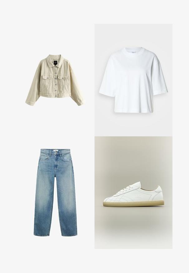 Beige gekürzte Jacke mit langen Ärmeln, Knopfleiste vorne, zwei Brusttaschen mit Klappen und Seitentaschen, auf weißem Hintergrund dargestellt.; Weißes, kurz geschnittenes T-Shirt mit kurzen Ärmeln und Rundhalsausschnitt, aus weichem Baumwollmaterial, mit einem einfachen und klaren Design.; Helle blaue Denim-Jeans im weiten Schnitt mit hoher Taille, fünf Taschen und einem Knopfverschluss. Ausgebleichtes Muster am unteren Ende.; Weißer Leder-Sneaker mit niedrigem Schnitt, beiger Sohle, Schnürdesign und dezenten gesteppten Mustern auf neutralem Hintergrund.