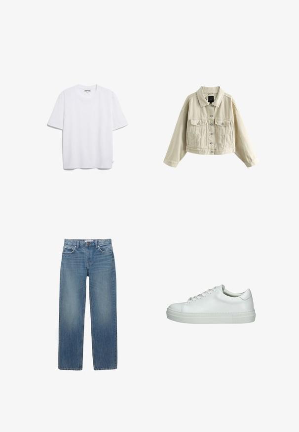 Beige cropped jakke med lange ærmer, knaplukning foran, to brystlommer med klapper og sidelommer, vist på en hvid baggrund.; Hvid bomulds t-shirt med korte ærmer, rund halsudskæring og en afslappet pasform. Ingen synlige mønstre eller logoer. Glat tekstur.; Lysblå denimjeans med lige snit, fem lommer og hardware i kobberfarve. Stoffet har en let falmning og en glat tekstur.; Hvide lædersneakers med glat tekstur, rund tå, flad gummisål og seks snørrehuller. Minimalistisk design uden yderligere dekorationer.