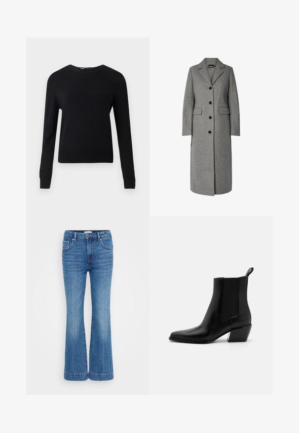 Lang grå uldfrakke med sorte knapper, hakket krave, to forlommer med klap og lange ærmer.; Sort langærmet rundhalset sweater med ribstrikkede manchetter og kant, vist mod en ensartet lysegrå baggrund.; Bredde blå denim jeans med høj talje, subtilt slid på fronten, fem-lomme design og kontrasterende syninger langs sømmene.; Sorte læder ankelstøvler med spidse tæer, elastiske sidepaneler og en lav blokhæl. Har en pull-tab ved hælen for nem påtagning.