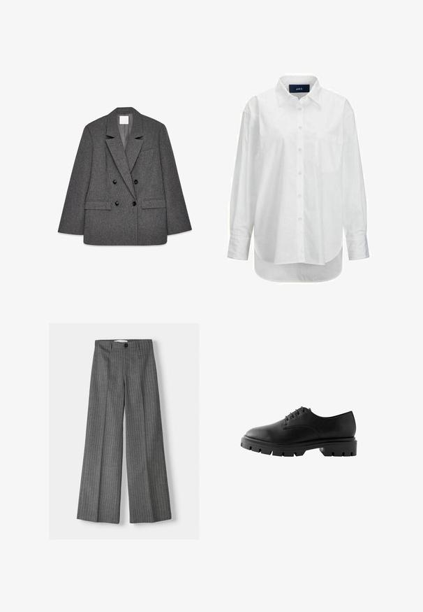Grijze dubbelzijdige blazer van textuurstof, met gelapte revers, twee onderste zakken en zwarte knopen aan de voorkant.; Witte lange mouwen shirt van glad katoen met een button-down kraag, voorzak en ronde zoom. Heeft een achterpand voor extra structuur.; Grijze wijde broek met een streepjespatroon, voorzien van een knoopsluiting en twee voorkleppen. Gemaakt van gestructureerde stof.; Zwarte leren schoen met een ronde neus, zes veterogen, platte veters en een stevige rubberen zool met diepe profielpatronen.
