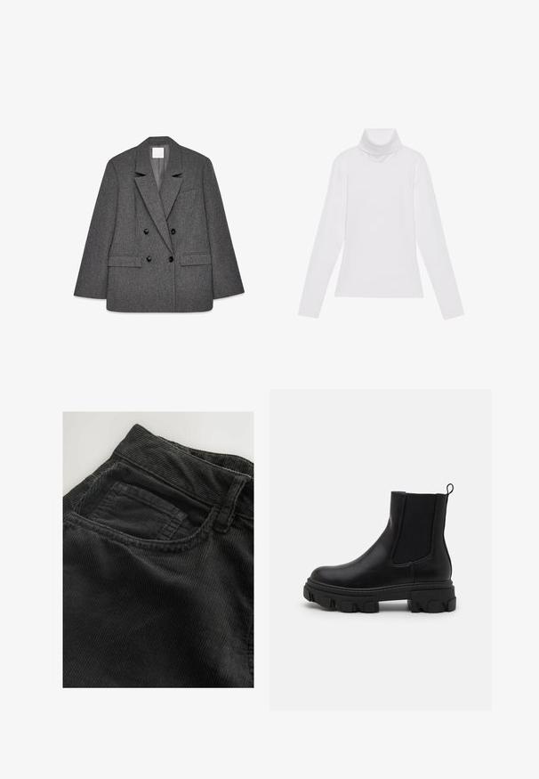 Hallutsine hall kahekordne bleiser, millel on tekstureeritud kangas, sakilised kraed, kaks madalamat taskut ja mustad nupud ees.; Valge pikkade varrukate turtleneck-särk, mis on valmistatud siledast ja venivast kangast. Omab kõrget kraed ja keha lähedast lõiget, ilma nähtavate mustrite või kaunistusteta.; Mustardorbelased püksid horisontaalse ribaga, koos vöökohaga ja väikese eesmine taskuga, pehme tekstuuri ja tugeva õmblusega.; Mustad mustad nahast pahkluu saapad elastsete külgedega paneelide, paksu kummist tallaga ja tõmbeproveeriga. Omab siledat tekstuuri ja kindlat mustrit tallas.