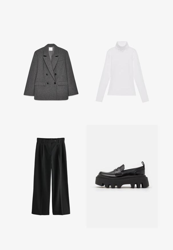 Grå dobbeltknappet blazer lavet af tekstureret stof, med klapkrave, to nederste lommer og sorte knapper foran.; Hvid langærmet turtle-neck top lavet af glat, strækbart stof. Har en høj krave og tætsiddende design, uden synlige mønstre eller udsmykninger.; Sort viddebukser med forreste folder, en linning med bæltestropper, en knaplukning og sidelommer.; Sorte læder loafers med en kraftig sort gummisål, der har skridsikre riller og et dekorativt bånd over forsiden.