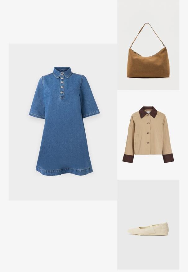 Veste beige courte avec col et poignets en velours côtelé marron foncé, quatre boutons à l'avant, et deux poches latérales.; Robe en denim avec un col, des manches courtes et cinq boutons métalliques à l'avant. Tissu bleu avec une texture lisse et un léger délavage.; Ballerines beiges avec une exterior en cuir lisse, un bout en forme d'amande et une sangle élastique sur le coup de pied, avec des détails de couture subtils.; Sac à bandoulière en daim marron avec une seule sangle et une fermeture éclair supérieure, présenté sur un fond blanc uni.