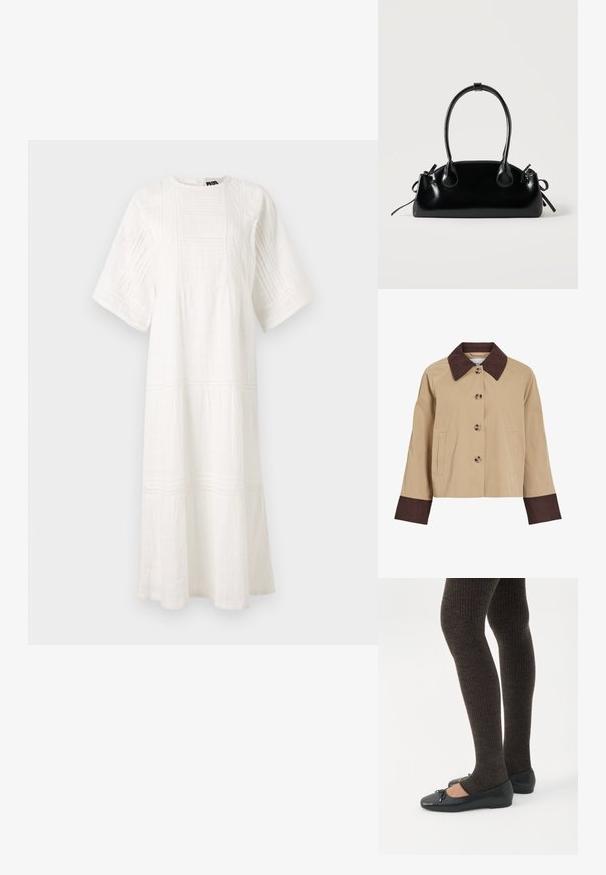 Beige cropped jack met donkerbruine corduroy kraag en manchetten, vier knopen aan de voorkant en twee zijzakken.; Witte katoenen jurk met een ronde halslijn, korte mouwen, gestructureerde patronen en een gelaagd ontwerp met kantafwerking aan de zoom.; Benen met donkere geribbelde leggings gecombineerd met zwarte ballerina's met kleine strikdetails op een witte achtergrond.; Kleine zwarte glanzende handtas met twee lange hengsels en zijkant trekkoord details op een effen lichte achtergrond.