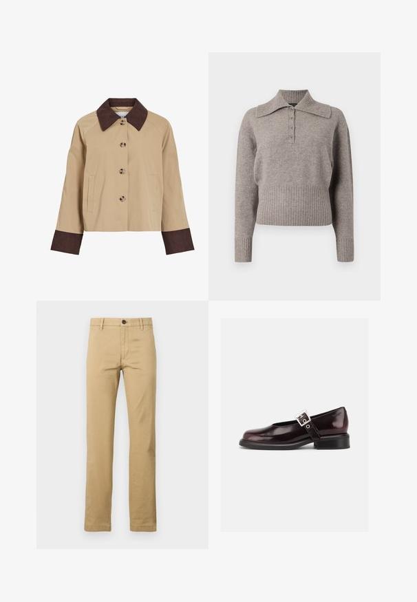 Beige kurzes Jackett mit dunkelbraunem Cordkragen und -manschetten, vier vorderen Knöpfen und zwei Seitentaschen.; Hellgrauer Strickpullover mit kragenförmigem Ausschnitt, durchgehender Knopfleiste und geripptem Saum sowie Ärmelbündchen. Weiche Textur und lässiges Design.; Khaki Chinos aus Baumwolle mit geradem Bein, zwei vorderen Taschen, einem abnehmbaren Knopfverschluss und Gürtelschlaufen, mit einer glatten Textur.; Ein einzelner glänzender dunkelburgunder Mary Jane Schuh mit breitem Riemen und silberner Schnalle, niedrigem Blockabsatz und abgerundeter Spitze auf weißem Hintergrund.