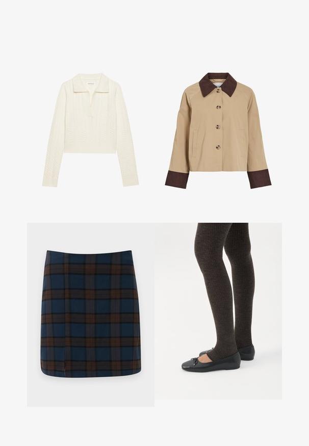 Beige cropped jakke med mørkebrunt cordfløjlsflip og manchetter, fire knapper foran og to sidelommer.; Afskåret sweater i creme, med et kabelstrikket mønster, bred krave og ribbede manchetter. Lavet af blødt, tekstureret stof.; Marineblåternet mini nederdel med brune og grå striber, lavet af et glat stof, med en diskret slids bagpå for let bevægelse.; Ben iført mørke ribbede leggings kombineret med sorte balletsko med små sløjfedetaljer på hvid baggrund.