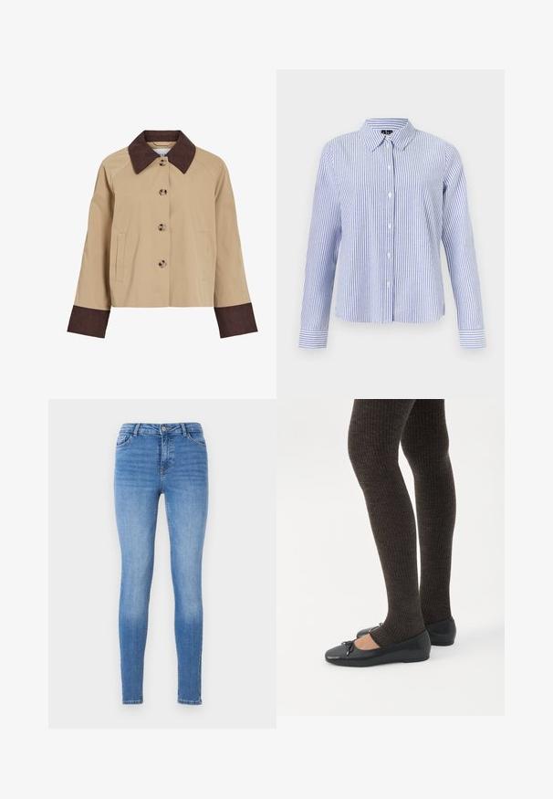 Beige cropped jakke med mørkebrunt cordfløjlsflip og manchetter, fire knapper foran og to sidelommer.; Langærmet skjorte med knapper med hvide og lyseblå lodrette striber og en spids krave vist på en ensfarvet baggrund.; Slanke jeans i lyseblå denim med mellemhøj talje, fem-pockets design og tonal syning med en glat tekstur.; Ben iført mørke ribbede leggings kombineret med sorte balletsko med små sløjfedetaljer på hvid baggrund.