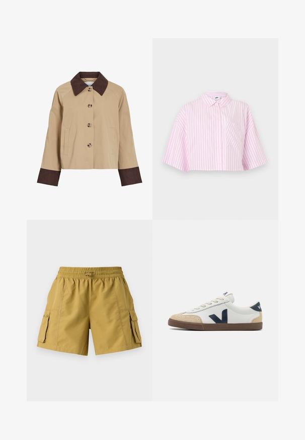 Beige cropped jack met donkerbruine corduroy kraag en manchetten, vier knopen aan de voorkant en twee zijzakken.; Korte overhemd met knopen en kraag, korte brede mouwen, één borstzak, witte stof met verticale roze strepen.; Korte cargo shorts in kaki met een elastische tailleband, trekkoord en twee zijzakken. Gemaakt van lichte stof met een gladde textuur.; Witte sneaker met beige suède accenten, bruine rubberen zool en donker marineblauw logo. Beschikt over een klassiek vetersluiting ontwerp en een getextureerde teen.