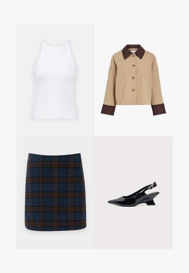 Beige cropped jakke med mørkebrunt cordfløjlsflip og manchetter, fire knapper foran og to sidelommer.; Hvid ærmeløs tanktop lavet af ribbet stof, med en rund halsudskæring og en tætsiddende silhuet, med minimale sømme og ingen pynt.; Marineblåternet mini nederdel med brune og grå striber, lavet af et glat stof, med en diskret slids bagpå for let bevægelse.; Sort laklæder slingback sko med spids tå og lav vinklet blokhæl på ensartet lys baggrund.