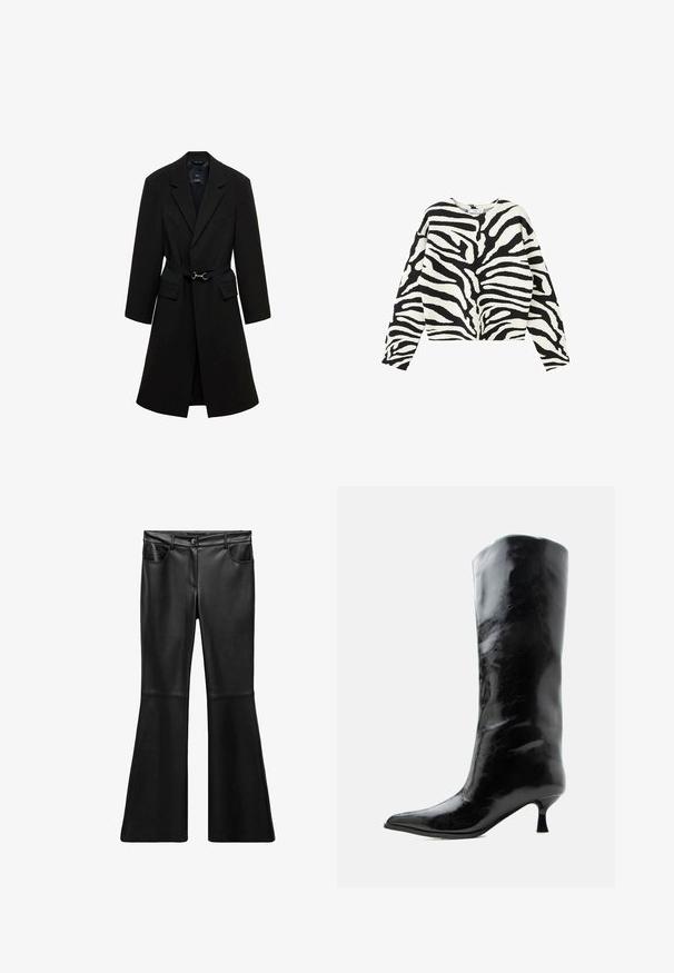 Sort skrædderjakke med bæltestrop i taljen, spids lapels og to forlommer. Glat stof med en struktureret silhuet.; Langærmet sweater med sort og hvid zebra-print, rund hals og løs pasform.; Sort faux læder flared bukser med en glat tekstur, høj talje, forlommer og lynlåsgylp. Har sømdetaljer på benene.; Sort skinnende knæhøj læderstøvle med spids tå og lav buet hæl på en ensfarvet lys baggrund.