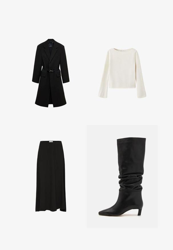 Sort skrædderjakke med bæltestrop i taljen, spids lapels og to forlommer. Glat stof med en struktureret silhuet.; Off-white langærmet sweater med bred rund halsudskæring og let udvidede ærmer, lavet af blødt strikket stof.; Sort, knælang nederdel lavet af blødt stof med en glat tekstur, der har en elastisk talje og en flydende silhuet.; Sorte knæhøje støvler lavet af glat læder, med en slouchy design, spids tå og en lav stablet hæl.