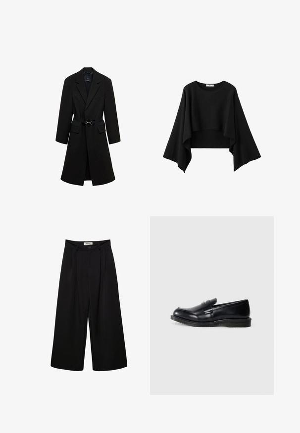 Zwart op maat gemaakte jas met een verstelbare taille, met sijsjes en twee voorzakken. Glad materiaal met een gestructureerde silhouet.; Zwart cropped top met wijde, vloeiende lange mouwen en een ronde halslijn, gemaakt van zachte stof.; Zwarte broek met wijde pijpen en hoge taille, voorzien van voorplooien, twee zijzakken en een knoopsluiting. Gladde stoftextuur.; Zwarte leren instapper met een gladde afwerking, ronde neus en gestikte details op de voorkant, met een gestructureerde rubberen zool voor grip.