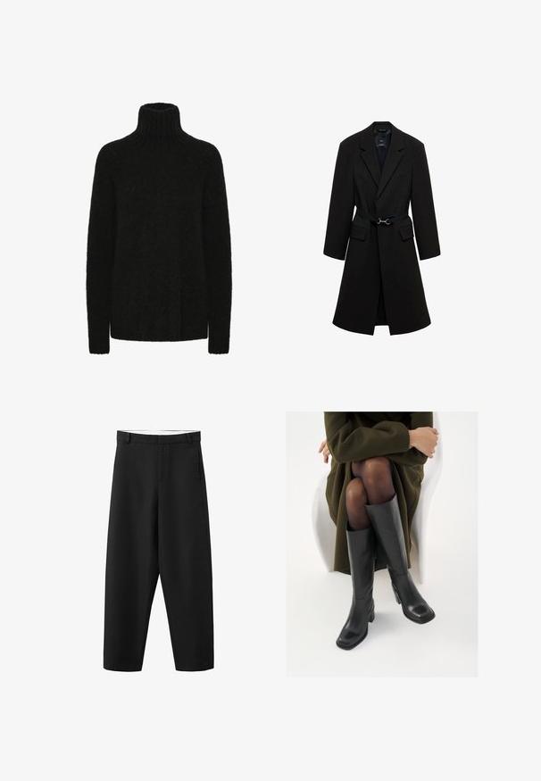 Manteau noir ajusté avec une taille ceinturée, des revers crantés, et deux poches avant. Tissu lisse avec une silhouette structurée.; Pull à col roulé noir en matière douce et texturée; coupe ample avec col et poignets côtelés. Manches longues et sans motifs visibles.; Pantalon noir à jambes droites avec passants pour ceinture, fermeture éclair à l'avant, et un design épuré et simple, adapté pour une tenue formelle ou décontractée.; Bottes en cuir noires arrivant au genou, avec un bout carré et un talon carré, présentées sur un modèle assis dans un manteau vert olive. Texture lisse, détails minimaux.