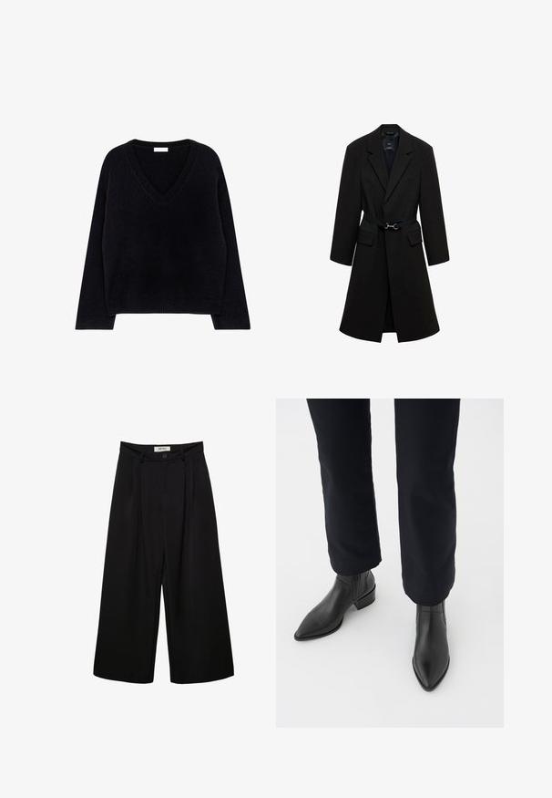 Manteau noir ajusté avec une taille ceinturée, des revers crantés, et deux poches avant. Tissu lisse avec une silhouette structurée.; Pull en tricot noir avec col en V, manches longues et ourlet côtelé. Texture douce avec une coupe décontractée et un design minimaliste.; Pantalon noir à jambes larges avec taille haute, présentant des plis à l'avant, deux poches latérales et une fermeture par bouton. Texture de tissu lisse.; Bottines en cuir noir à bout pointu, avec un talon épais et des panneaux latéraux texturés, portées avec un pantalon sombre sur fond blanc.