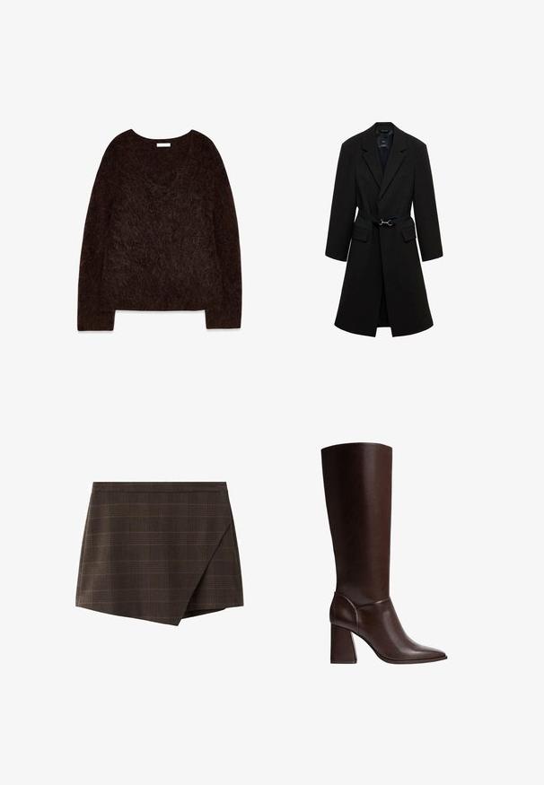 Manteau noir ajusté avec une taille ceinturée, des revers crantés, et deux poches avant. Tissu lisse avec une silhouette structurée.; Pull en maille brun avec un décolleté en V, des manches longues et une texture douce et pelucheuse. Le design est surdimensionné avec une coupe décontractée et un minimalisme dans les détails.; Jupe portefeuille à carreaux marron avec un design structuré, une ceinture insérée et un ourlet légèrement incliné, en tissu texturé.; Botte en cuir marron, montant jusqu'au genou, avec un bout pointu et un talon bloc, présentant une texture lisse et un design élégant. Broderies accentuées au niveau de la cheville.