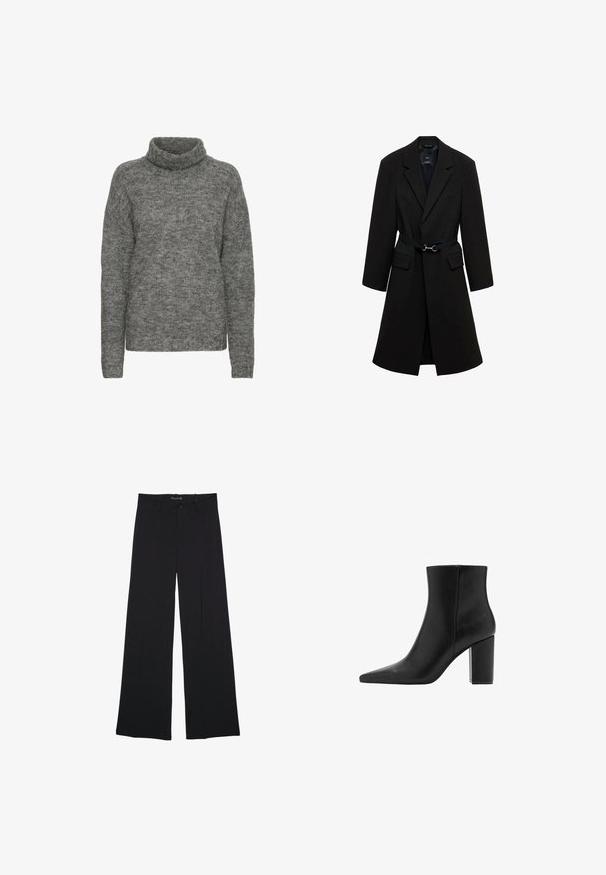 Sort skrædderjakke med bæltestrop i taljen, spids lapels og to forlommer. Glat stof med en struktureret silhuet.; Grå turtleneck sweater lavet af blødt strikmateriale, med en afslappet pasform og lange ærmer med en subtil tekstur hele vejen igennem.; Sorte bukser med vide ben, bæltestropper, knaplukning foran og lynlås, lagt fladt på en hvid baggrund.; Sorte læder ankelstøvler med spidse tæer og blokhæl. Glat tekstur og minimalistisk design, med en mid-højde skaft.