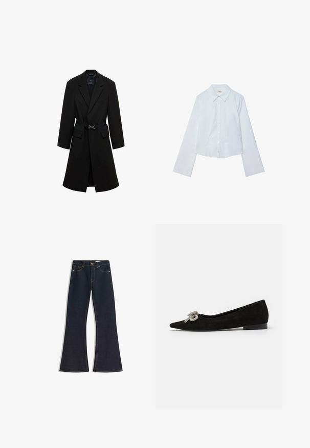 Manteau noir ajusté avec une taille ceinturée, des revers crantés, et deux poches avant. Tissu lisse avec une silhouette structurée.; Chemisier blanc à manches longues, cropped, avec fermeture à boutons sur le devant et col pointu, texture lisse et éclat subtil, présentant un ourlet droit.; Jean évasé en denim foncé avec une taille haute, des coutures contrastantes, une fermeture à bouton et quatre poches. Les jambes s'élargissent à l'ourlet.; Chaussure plate en suede noir avec un bout pointu, ornée d'un détail de nœud en argent décoratif à l'avant, présentant un petit talon.