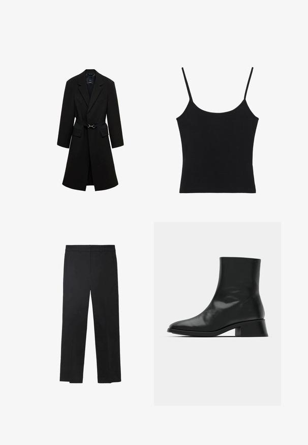 Manteau noir ajusté avec une taille ceinturée, des revers crantés, et deux poches avant. Tissu lisse avec une silhouette structurée.; Débardeur noir sans manches pour femme avec fines bretelles spaghetti et ourlet droit.; Pantalon noir en tissu lisse, avec une coupe droite, des passants pour ceinture et deux poches avant. Design sur mesure avec des lignes épurées.; Bottine noire en cuir brillant, au design épuré, avec un bout pointu et un petit talon bloc pour plus de stabilité.