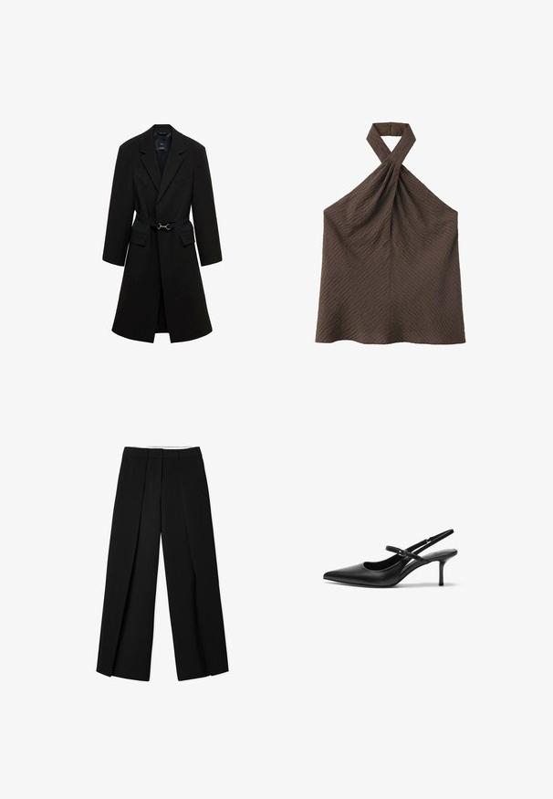 Manteau noir ajusté avec une taille ceinturée, des revers crantés, et deux poches avant. Tissu lisse avec une silhouette structurée.; Haut marron texturé sans manches à col licou torsadé avec fermeture boutonnée à l'arrière du cou.; Pantalons larges noirs avec un design plissé, fabriqués en tissu lisse. Présentent une taille structurée et des lignes épurées, taillées.; Talons aiguilles noires en cuir avec un bout pointu, une fine bride réglable, et un talon aiguille d'environ 5 cm, texture lisse.