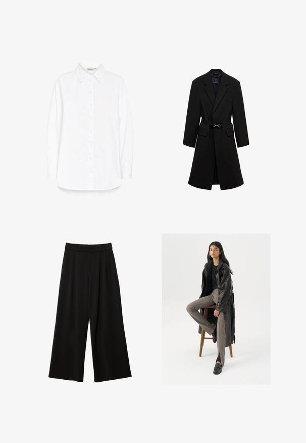 Manteau noir ajusté avec une taille ceinturée, des revers crantés, et deux poches avant. Tissu lisse avec une silhouette structurée.; Chemise blanche à boutons avec un col pointu, des manches longues et un ourlet incurvé. Fabriquée dans un tissu lisse et léger. Brillance subtile.; Pantalon noir à jambes larges, taille haute, plis devant, passants pour ceinture et coupe décontractée.; Manteau trench en cuir noir avec des boutons et une ceinture, associé à un pantalon ajusté marron clair et des mocassins noirs, assis sur un tabouret en bois.